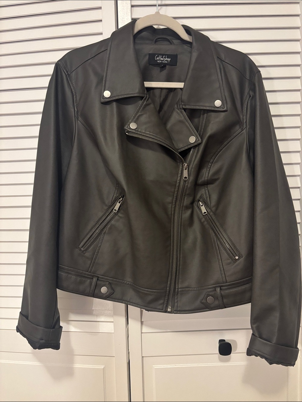 CoffeeShop Black Faux Leather Moto Jacket with Silver Hardware